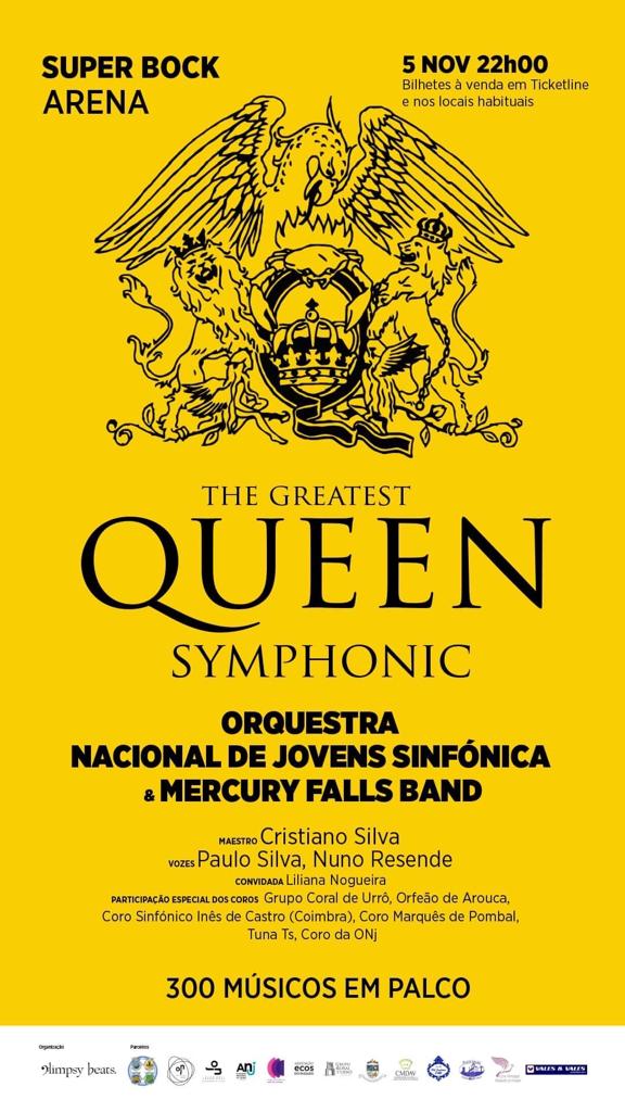 Celebração dos 15 anos da Orquestra Nacional de jovens + 25 anos de carreira do Maestro Cristiano Silva. A grande homenagem sinfónica ao grupo Queen com 300 músicos em palco (Orquestra, Coros, Banda e cantores convidados). Após 4 concertos esgotados (Arouca, Casa da Música, CAE Figueira da Foz e Festival Vale de Lobo – Algarve) o grande concerto chega à Super Bock Arena.