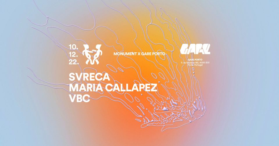 Plataforma de música techno e comunidade, a Monument é também um conceito cultural à escala global, que oferece festivais, eventos, podcasts e muito mais aos seus seguidores. Num ano em que comemora o seu 10º aniversário, a Monument dá mais um passo no seu contínuo crescimento, celebrando o amor ao techno através de uma série de eventos, a terem lugar noutros países, abrindo portas a novos parceiros e oportunidades. O Gare não podia ficar de fora. * Svreca não recorre a facilitismos quando se trata de meter uma pista de dança completamente agarrada às batidas, nem muito menos segue as tendências e faz concessões ao que o hype momentâneo determina. Pelo contrário. Os sets do fundador da Semantica Records são intensamente exploratórios, sem regras nem limites, onde os elementos rítmicos se assumem como fio condutor da sua apurada selecção musical e estética vanguardista. Que o digam clubes fundamentais da Europa como o Trésor ou Berghain e festivais que nos servem de referência como o japonês Labyrinth e o catalão Paral.lel. Regressa este sábado à nossa cabine pelas mãos da MNMT. + VBC Maria Callapez. Bilhetes [Pré-venda 10€ com bebida de oferta até às 3h] em https://linktr.ee/GarePorto