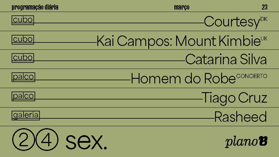 Courtesy, Kai Campos (Mount Kimbie), Catarina Silva, Homem do Robe, Tiago Cruz, Rasheed - Plano B