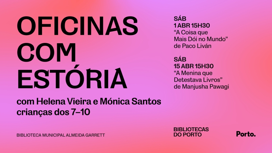 com Helena Vieira e Mónica Santos Iniciativa de continuidade, que acontece ao sábado, dirigida a crianças dos 7 aos 10 anos. As crianças são convidadas a explorar diversas facetas da leitura, explorando e desconstruindo as estórias. ENDEREÇO Jardins do Palácio de Cristal Rua de Dom Manuel II 4050-239 Porto AUTOCARRO 1M, 200, 201, 207, 208, 302, 303, 501, 507, 601, ZM, 12M, 13M Circular Massarelos – Carmo ESTACIONAMENTO Palácio de Cristal Fonte: https://museudacidadeporto.pt/recurso/oficinas-com-estoria-a-menina-que-detestava-livros-de-manjusha-pawagi/