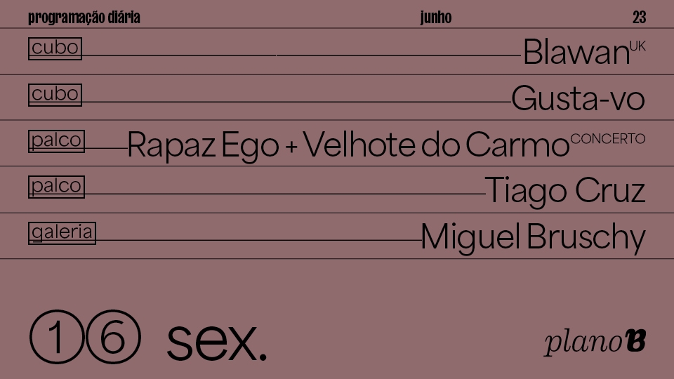 Blawan, Gusta-vo, Rapaz Ego + Velhote do Carmo, Tiago Cruz, Miguel Bruschy Plano B