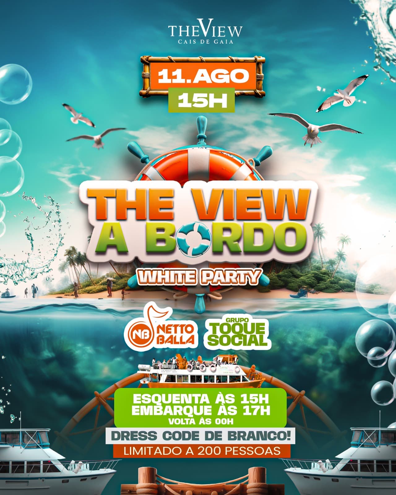 VOCÊS PEDIRAM A GENTE ATENDEU! ð³️ Já temos DATA MARCADA para a nossa SEGUNDA EDIÇÃO do The View A BORDO! ð¤ª Imagina só poder curtir o MELHOR DA MÚSICA BRASILEIRA navegando pelo RIO MAIS FAMOSO de Portugal? Então PREPARE-SE que o THE VIEW Á BORDO já DATA DE PARTIDA! Já ANOTA na AGENDA que no dia 11 de AGOSTO (domingo) nos encontramos no CAIS DE GAIA para o EMBARQUE mais maluco do seu verão! ð¥Com retorno À TERRA FIRME às 00h, teremos no comando do SAMBA o Grupo Toque Social (@grupotoquesocial) e MESTRE do PISEIRO o Netto Balla (@nettoballacantor)! Partiu SUBIR O DOURO navegando no MELHOR estilo THE VIEW? Então GARANTA SEU BILHETE e NÃO FIQUE DE FORA! Ingressos LIMITADOS com apenas 200 BILHETES disponíveis. ð The View A BORDO | Dia 11 de AGOSTO (domingo) com EMBARQUE às 17h00 e retorno às 00h00. Concentração no THE VIEW a partir das 15h00. ð THE VIEW BOAT | Saída pelo Cais de Gaia, parte traseira do THE VIEW ð Av. Ramos Pinto, 240, Cais de Gaia The View A Bordo