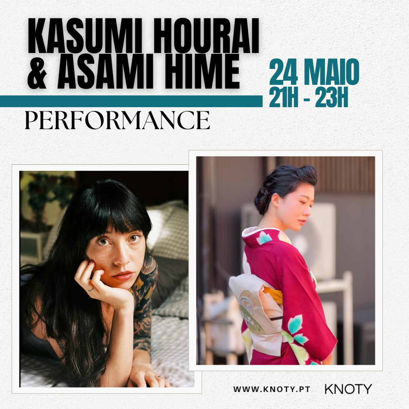 ð Performance de Shibari - Kasumi Hourai e Asami Hime O KNOTY tem o prazer de apresentar uma performance única de Shibari com a reconhecida Kasumi Hourai, uma mestre internacionalmente aclamada no universo do Kinbaku, acompanhada pela modelo Asami Hime. Esta é a primeira vez que Kasumi se apresenta em Portugal, e a performance promete uma imersão na arte tradicional japonesa, com uma interpretação sofisticada e cheia de simbolismo. A performance de Shibari será seguida por uma mini rope jam para todos os entusiastas da arte, que poderão experimentar as técnicas de atar até às 23h. A reserva antecipada é obrigatória, pois os lugares são limitados. ð
Data: 24 de maio de 2025 ð Horário: 21h00 ð Local: The Knoty (W)Hole, Tv. de Faria Guimarães, 29, Porto ð¸ Preço: 15€ ð Idade mínima: 18 anos ✨ Performance “Koinobori at the Fair” Durante o espetáculo, Kasumi Hourai irá vestir um tradicional quimono, celebrando o costume japonês dos koinobori (serpentinas de carpa), um símbolo auspicioso de boa sorte. Este evento promete ser uma imersão no estilo japonês tradicional de Kinbaku, com uma performance profunda e cheia de significado. ð Mais informações e reservas: www.knoty.pt ✨ Não perca a oportunidade de vivenciar esta arte única e emocionante! ð Shibari Performance - Kasumi Hourai and Asami Hime KNOTY is excited to present a unique Shibari performance by internationally acclaimed Kasumi Hourai, a master in the art of Kinbaku, accompanied by the model Asami Hime. This is Kasumi’s first performance in Portugal, offering an experience immersed in traditional Japanese art, filled with sophistication and symbolism. The Shibari performance will be followed by a mini rope jam, open to those interested in tying, until 11:00 PM. Advanced reservations are mandatory as seats are limited. ð
Date: May 24, 2025 ð Time: 9:00 PM ð Location: The Knoty (W)Hole, Tv. de Faria Guimarães, 29, Porto ð¸ Price: 15€ ð Minimum age: 18 years ✨ Performance “Koinobori at the Fair” During the performance, Kasumi Hourai will wear a traditional kimono, celebrating the Japanese custom of koinobori (carp streamers), a symbol of good fortune. The event will offer an immersion in the traditional Japanese style of Kinbaku, with a performance that is both profound and meaningful. ð For more info and reservations: www.knoty.pt ✨ Don’t miss the chance to experience this unique and thrilling art form!