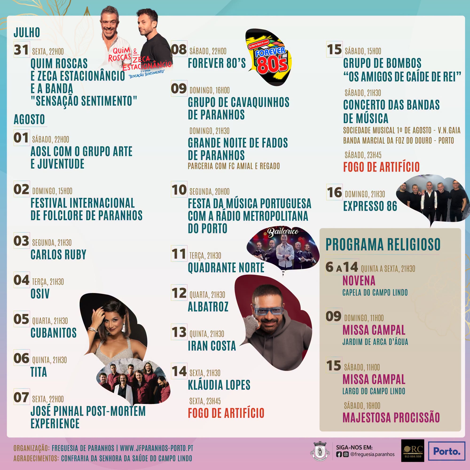 Cartaz com o programa completo das Festas de Nossa Senhora da Saúde 2026 em Paranhos