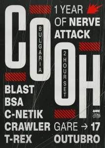 1YEAR OF Nerve Attack W/ COOH Local Gare Porto Rua da Madeira 182, 4000 Porto, Portugal Data sex, 17 de out de 2025 23:00 - 06:00 Promotor Nerve Attack Interessado 0 ̸ ̸ RA Tickets ̸ Programa Cooh (BG) - 2 Hours set Blast Bsa C-Netik Crawler T-Rex Partilhar Genres Drum & Bass Hardcore Porto-based promoter Nerve Attack celebrates its first anniversary at the iconic Gare Clube, reaffirming its commitment to the most underground and abstract sounds of Drum & Bass. Having already brought to Porto internationally acclaimed artists such as Raiden, Current Value, Dean Rodell, and Section 63, the promoter now presents a very special night with a headline guest: Cooh. The Bulgarian producer and DJ, a long-time favorite of the Portuguese crowd, returns with an exclusive 2-hour set, showcasing the unstoppable energy and refined productions that have made him a key figure in the fusion of Drum & Bass, Techno, and Hardcore. On the national front, the celebration features some of the leading names from Yellow-stripe, a promoter with whom we learned so much from, for over 15 years. Blast, C-netik, Crawler, T-Rex, and BSA will once again share the booth, delivering long-awaited performances by the local audience. Doors open at 11 PM, with the music running strong until 6 AM — a gathering of generations, artists, and a community that keeps the Drum & Bass spirit alive in Porto.
