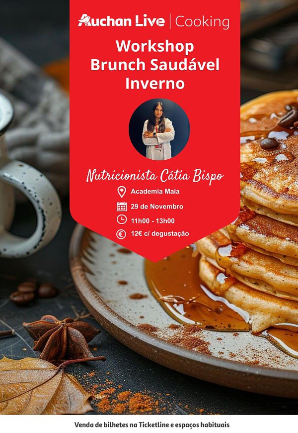 O inverno traz consigo dias frios e manhãs mais cinzentas, mas também é a estação perfeita para desfrutar de refeições reconfortantes, nutritivas e cheias de sabor. O brunch de inverno é a solução ideal para começar o dia com energia, equilibrando prazer, saúde e conforto numa só refeição. Com a orientação da nutricionista Mª Inês Pereira, irá aprender a preparar uma variedade de receitas doces e salgadas, bem como bebidas quentes reconfortantes, criadas para nutrir o corpo e satisfazer o paladar. Descubra combinações criativas com ingredientes da época e aprenda a transformar o simples em pratos equilibrados e sofisticados. Para além da prática, este workshop é um espaço de inspiração e partilha, com dicas de nutrição e novas ideias para brunch’s de inverno mais variados. No final, poderá degustar todas as receitas e levar consigo sugestões fáceis para recriar em casa.Não perca esta experiência, que combina aprendizagem, criatividade e degustação num ambiente acolhedor e descontraido. Sobre Cátia Bispo: A nutricionista Cátia Bispo licenciou-se em 2021 em Dietética e Nutrição pela Escola Superior de Tecnologia da Saúde de Coimbra (ESTeSC). Enquanto estagiária ganhou conhecimentos e experiência desde a área clínica (em hospital) e desportiva (em clubes) à área da nutrição comunitária (nos vários locais) passando também pela área da restauração na nutrição (nos vários locais) conseguindo assim ter os alicerces necessários para exercer a profissão em pleno. Como nutricionista o seu percurso profissional também abrangeu a área clínica e desportiva a par da restauração sendo a nutrição comunitária uma constante nos vários locais em que trabalhou. A procura pelo saber é uma constante na sua vida e continua a tirar cursos na área como o curso de Antropometria pelo ISAK na FML, o curso de Perturbações do Comportamento Alimentar e o curso Dieta low FODMAP, ambos pela Academia Clínica da Espregueira acreditando que a nutrição é uma ciência que exige constante atualização. Está na Auchan, há cerca de 2 anos, a dar resposta à missão ‘Alimentar uma vida melhor e preservar o planeta’ atuando junto do cliente, dos colaboradores, do habitante e da comunidade.