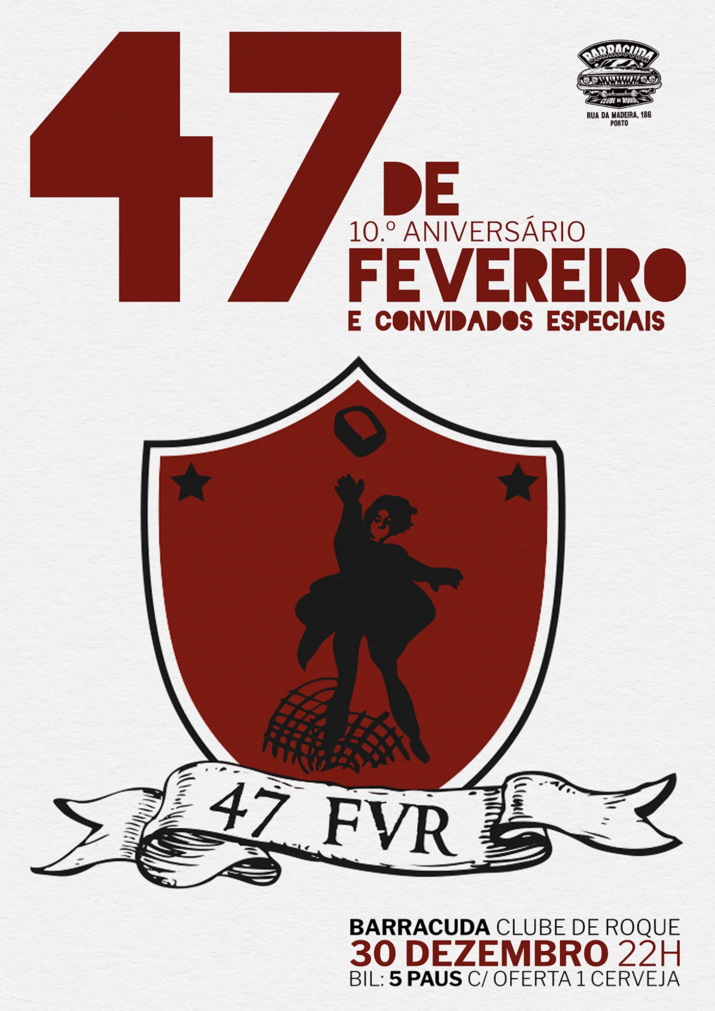47 de Fevereiro celebra 10.º aniversário com concerto no Porto 🎸🥳 A banda de Fute-Rock do Porto, 47 de Fevereiro, comemora o seu 10.º aniversário com um concerto especial no Barracuda – Clube de Roque, local tradicional das celebrações da efeméride. 📅 Data: 30 de dezembro de 2025 ⏰ Hora: 22h00 📍 Local: Barracuda – Clube de Roque, R. da Madeira, 186, Porto 💶 Bilhetes: 5€ (com oferta de 1 cerveja) Com dois discos já lançados – que contaram com participações de artistas como Manel Cruz e Barrako 27 – e a caminho do terceiro, a banda promete um concerto intenso, repleto de energia, surpresas e momentos especiais para a Torcida 47. Uma oportunidade imperdível para celebrar uma década de Fute-Rock no Porto.