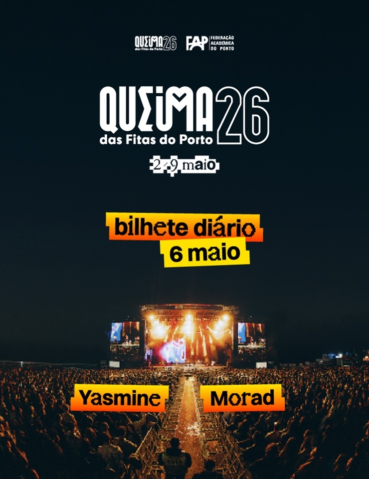 Morad e Yasmine nas Noites da Queima das Fitas do Porto 2026 – 6 de maioQuarta-feira é marcada por ritmos quentes e presença internacional. Yasmine, uma das vozes mais escutadas da lusofonia, traz hits como “Apaixona”, “Esquece o Mundo” e “Perfume”, embalando o público com kizomba e zouk. Morad, artista catalão, acrescenta uma energia internacional à noite. Uma combinação perfeita de música global e talento lusófono.