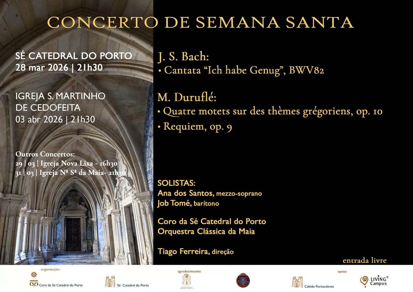 Concertos de Páscoa 2026 levam Bach e Duruflé à Sé Catedral do Porto