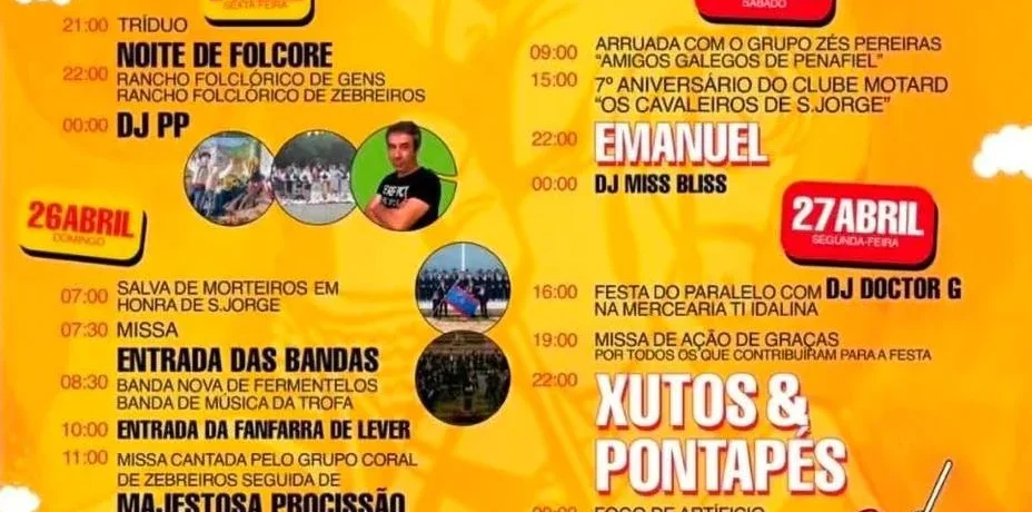 Festas de São Jorge 2026 em Zebreiros: programa completo com Xutos & Pontapés e Emanuel