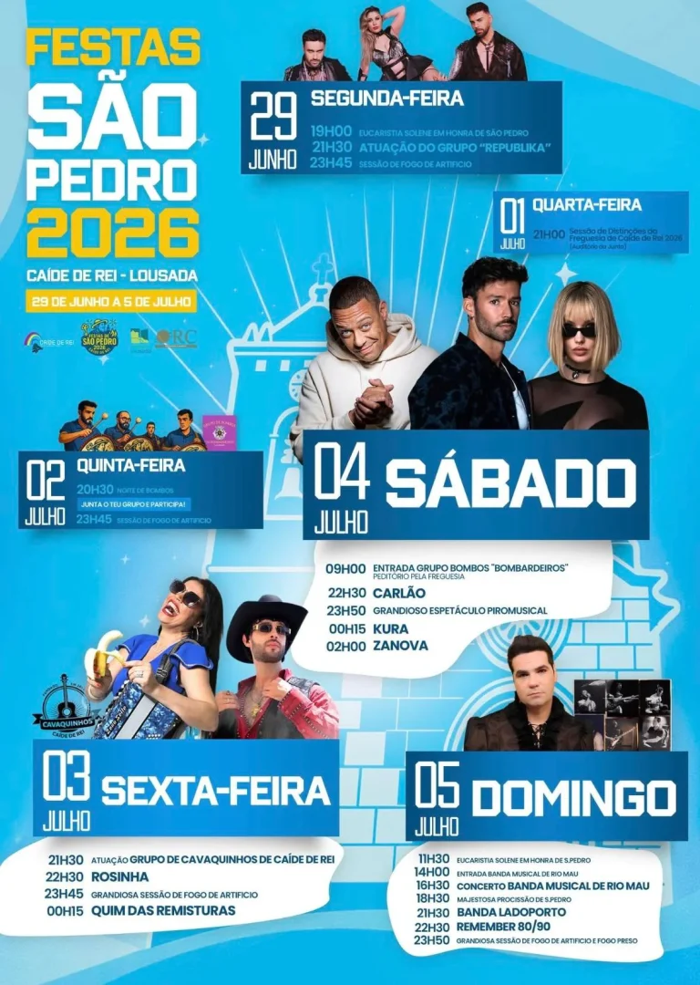 Festas de São Pedro 2026 em Caíde de Rei (Lousada): programa completo com Carlão, Kura e Rosinha