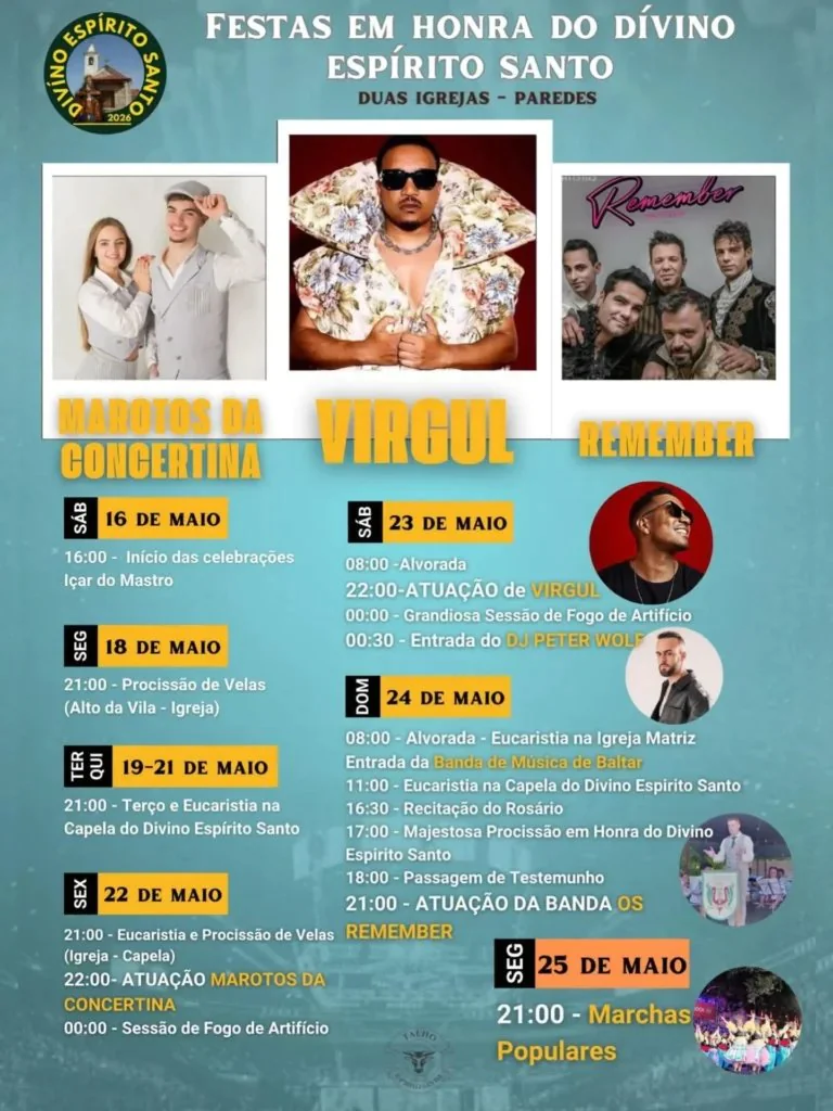Festas do Divino Espírito Santo 2026 em Duas Igrejas (Paredes): programa com Virgul, Marotos da Concertina e tradição religiosa