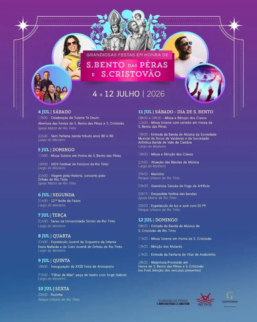 Festas de São Bento das Pêras e São Cristóvão 2026 levam Quim Barreiros, Nelo Silva e artesanato a Rio Tinto
