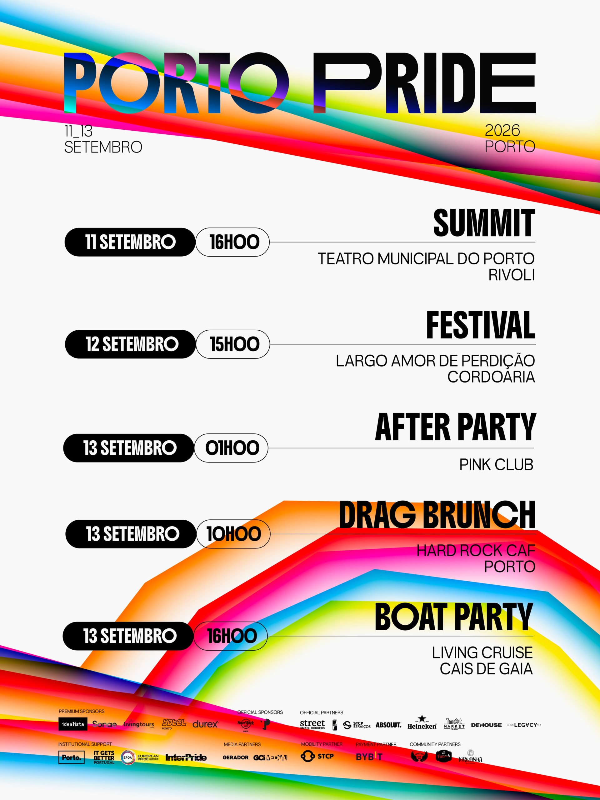 Programa geral do Porto Pride 2026 com Summit, Festival, After Party, Drag Brunch e Boat Party